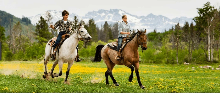 Confident plus-size woman riding Portland Bill a horse through a field with a smile on her face.